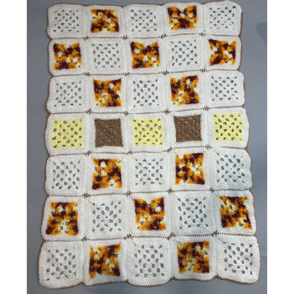Baby-Aphgan-Blanket-Crochet-Handmade Unisex 40in X 29.5in White Brown Orange - Picture 1 of 4